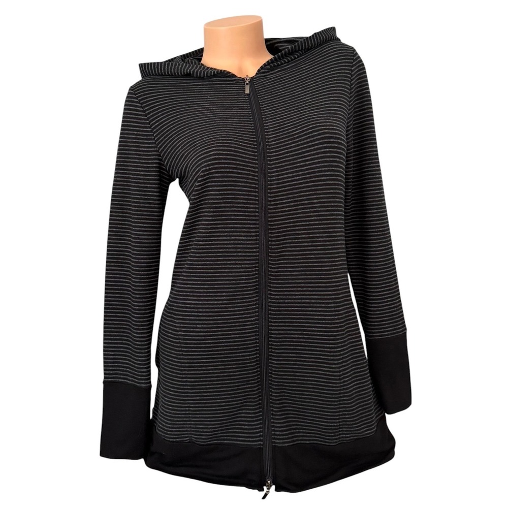 Soma Live Lounge Wear Striped Full Zip Hoodie Black Gray Small Longline Pockets